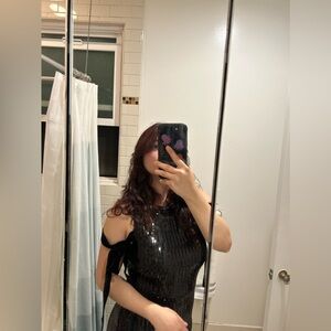 Long black sequin dress with shoulder ribbons